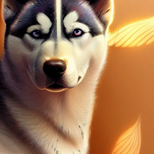 Image similar to beautiful detailed picture of a husky, radiant light, art nouveau, intricate, elegant, highly detailed, my rendition, digital painting, artstation, concept art, smooth, sharp focus, illustration, art by artgerm and greg rutkowski and alphonse mucha