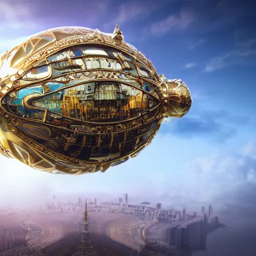 Image similar to enormous flying city in a faberge egg, sky, steampunk, fantasy art, masterpiece, octane render