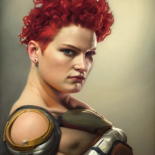 Image similar to portrait of zarya from overwatch in disco elysium, by alexander mcqueen, by roberto ferri, by tom bagshaw, by j. c. leyendecker and klimt, by austin osman spare, highly detailed oil painting, very intricate, cinematic lighting, award - winning, american romanticism, artstation, cgsociety, official art, octane