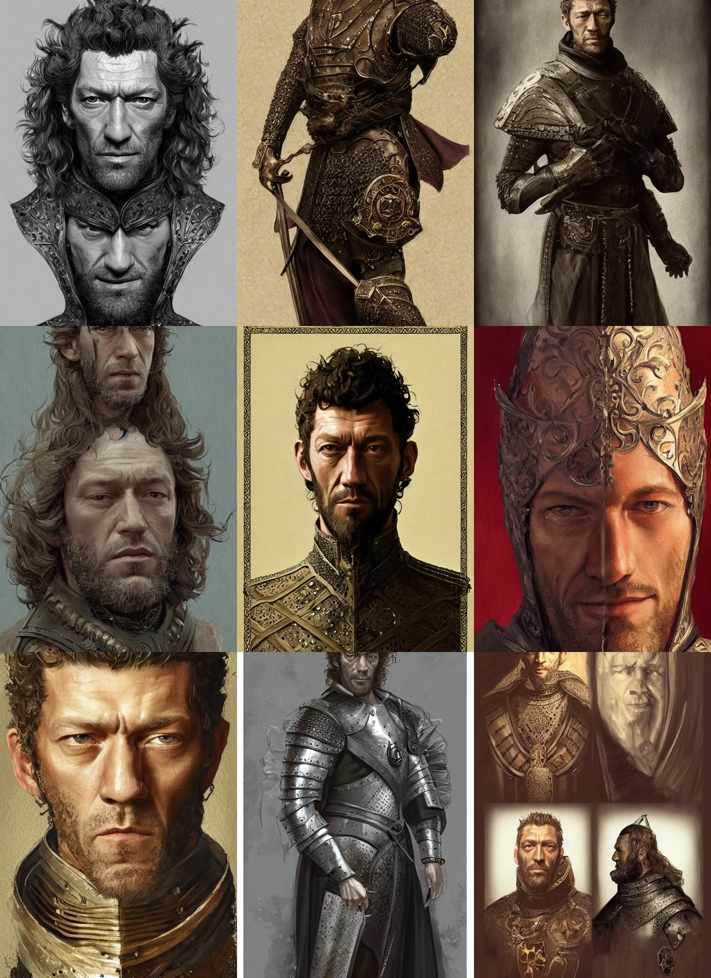 Prompt: vincent cassel two portraits with medieval armor, intricate, elegant, highly detailed, digital painting, artstation, concept art, smooth, sharp focus, illustration, rutkowski, mucha