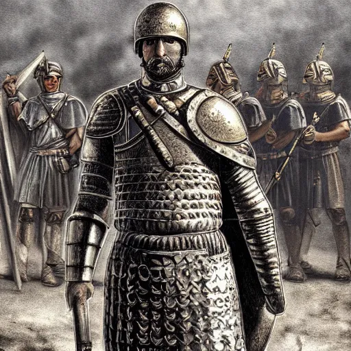 Prompt: a roman soldier in front of his army, ancient rome, digital art, steal armors, photorealistic, highly detailed