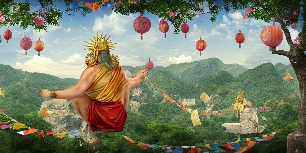 Prompt: wind god enjoying the view from his stone heavenly palace, decorated with windchimes and paper lanterns, nature, clouds and pagodas in background, digital art
