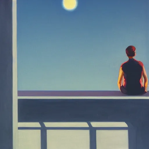 Image similar to a portrait of an astronaut sitting on the edge of a building looking over an empty city, in the style of Edward hopper, 4k,