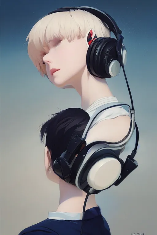 Prompt: a cute young woman listening to music with her eyes closed and wearing headphones in the style of Ilya Kuvshinov and Range Murata, white bob cut hair, freckles, dark thunderclouds in the backround, poster, oil on canvas by Krenz Cushart, 8k