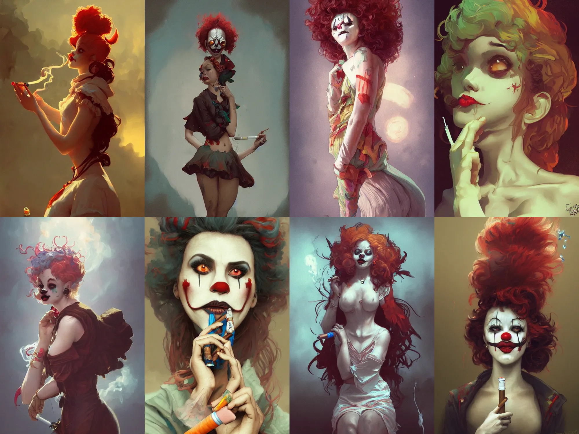 Image similar to creepy clown girl pondering nuclear destruction smoking a cigarette, highly detailed, digital painting, artstation, concept art, smooth, sharp focus, illustration, art by artgerm and greg rutkowski and alphonse mucha and loish and WLOP