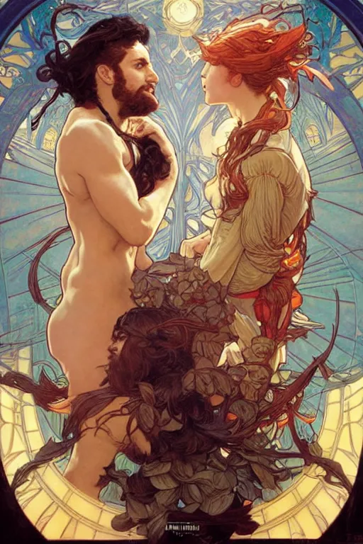 Image similar to the dayman fighting the nightman. art by artgerm and greg rutkowski and alphonse mucha and tomacz alen kopera and gaston bussiere.