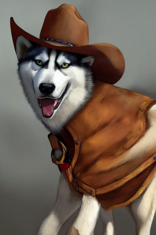 Image similar to a portrait painting of a husky in cowboy costume, wearing a cowboy hat, in the style of anime, [ western film ], humanoid, personify, anthropomorphic, trending on artstation