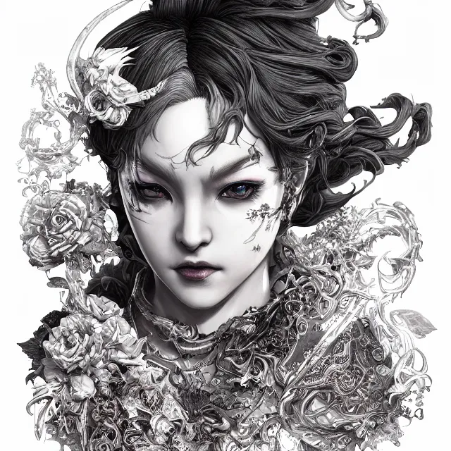 Image similar to the portrait of chaotic evil female necromancer as absurdly beautiful, gorgeous, elegant, sophisticated young gravure idol, an ultrafine hyperdetailed illustration by kim jung gi, irakli nadar, intricate linework, bright colors, octopath traveler, final fantasy, unreal engine 5 highly rendered, global illumination, radiant light, detailed and intricate environment