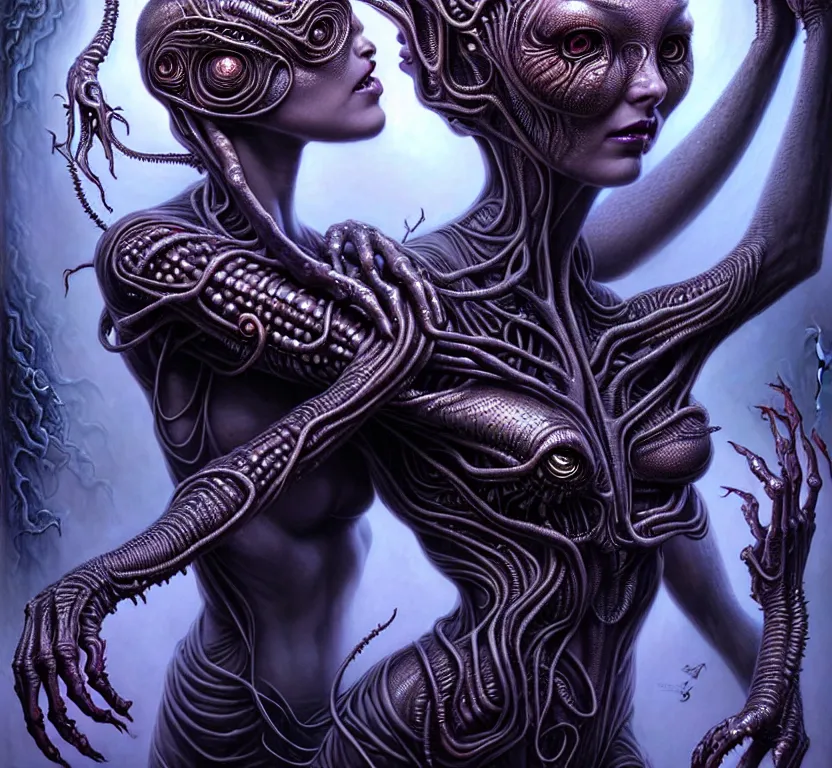 Image similar to A beautiful detailed alien goddess woman with 6 arms super dark tarot card, gorgeous model face by Stanley Artgerm, by tomasz alen kopera and Justin Gerard, 4 eyes, beautiful symmetrical features, ominous, magical realism, melting, texture, intricate, ornate, royally decorated, melting, whirling smoke, embers, purple adornments, blue torn fabric, radiant colors, fantasy, trending on artstation, volumetric lighting, micro details, 3d sculpture, ray tracing, 8k, anaglyph effect