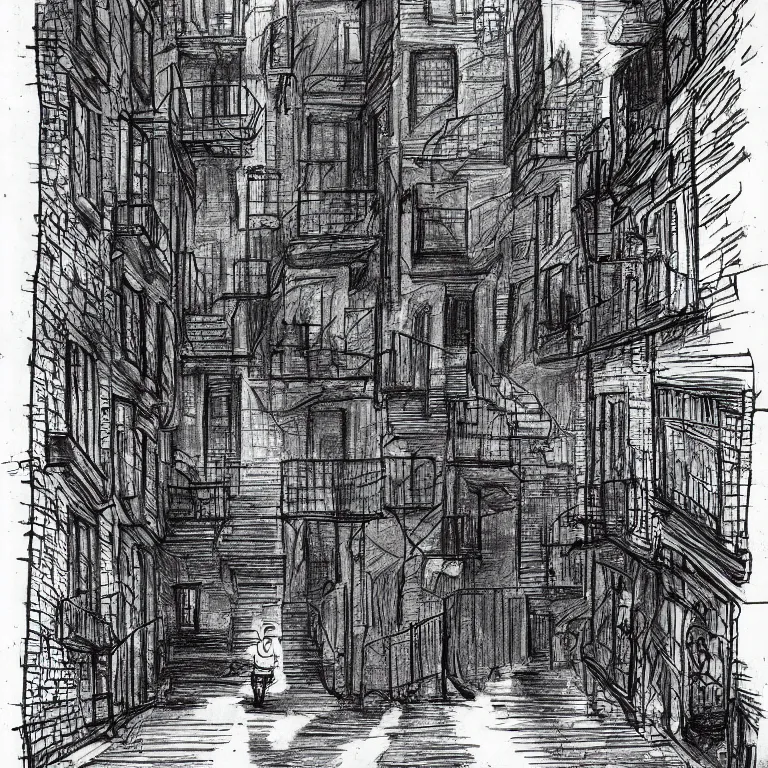 Prompt: a drawing in the style of stephen gammell of a alley way in new york city infested with rats and cockroaches