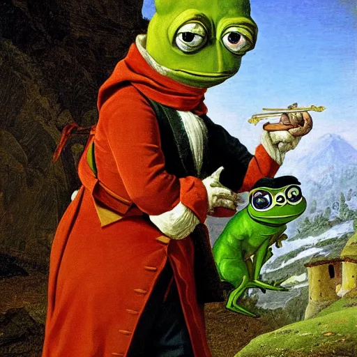 Image similar to Pepe the frog in Napoleon Crossing the Alps by Jacques-Louis David