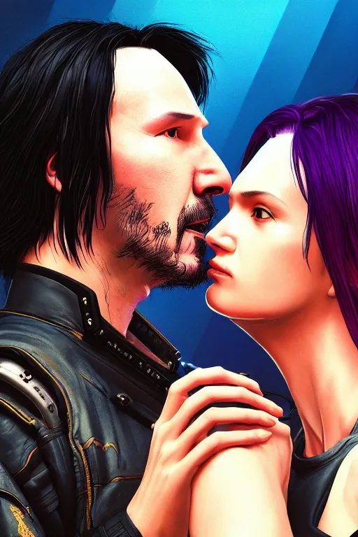 Image similar to a cyberpunk 2077 couple portrait of Keanu Reeves & female android final kiss in the night city,love,by Laurie Greasley,Lawrence Alma-Tadema,Dan Mumford,Andrei Riabovitchev,John Wick,Replicas,artstation,deviantart,FAN ART,Digital painting,face enhance,highly detailed,8K,octane,golden ratio,cinematic lighting