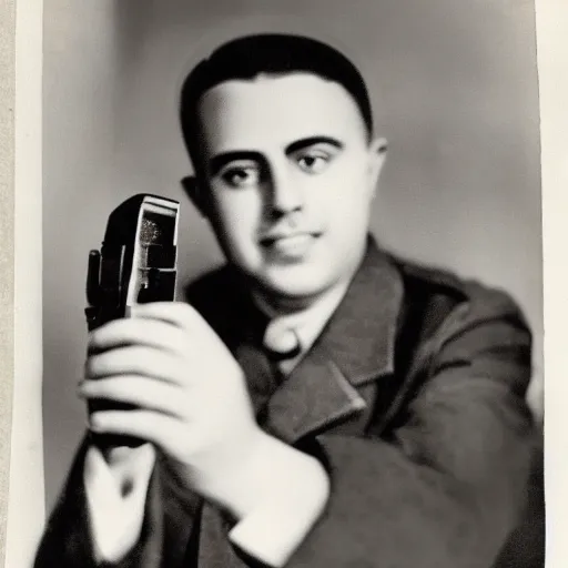 Image similar to a medium shot photo of enver hoxha extremely happy to have a pistol in his hand,8k, DSLR, highly detailed skin, highly detailed hands