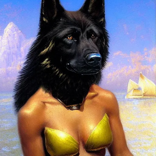 Prompt: a portrait of a black german shepard dogman man in swimsuit starfleet star trek risa. highly detailed painting by gaston bussiere craig mullins jc