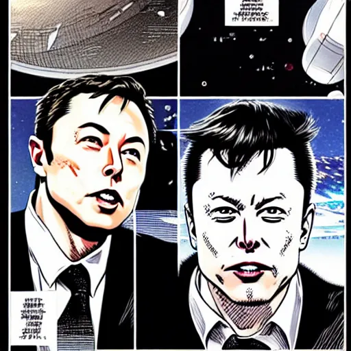 Prompt: elon musk and spacex manga by katsuhiro otomo