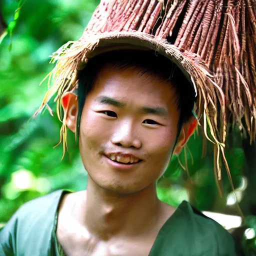 Prompt: a ultra high resolution close - up of young warrior from tai tribe in lush green forest. photo from the front. cute and beautiful and handsome man is smiling and has eye contact with the camera. face is clear and symetrical and looklike korean idol. the light is dim, and the colours are muted. kodak etkar 1 0 0.