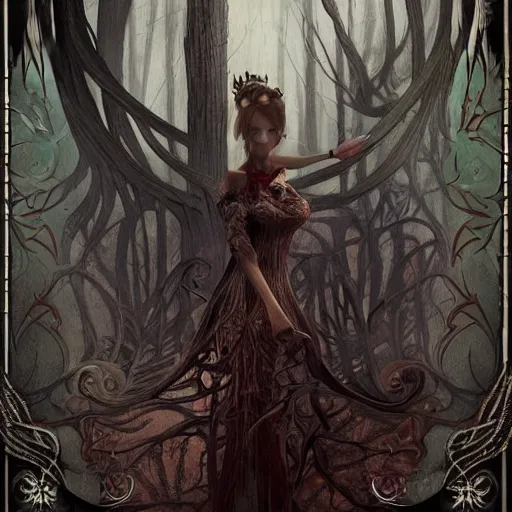 Prompt: realistic artnouveau style american mcgee's alice mysterious portrait madness returns layers of fear style in a foggy twisted forestsharp focus very detailed 8 k cinematic