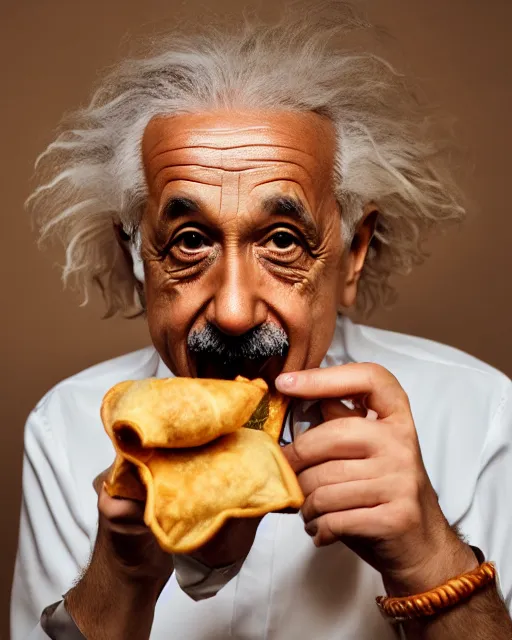 Image similar to A photo of Albert Einstein eating Samosa, highly detailed, trending on artstation, bokeh, 90mm, f/1.4