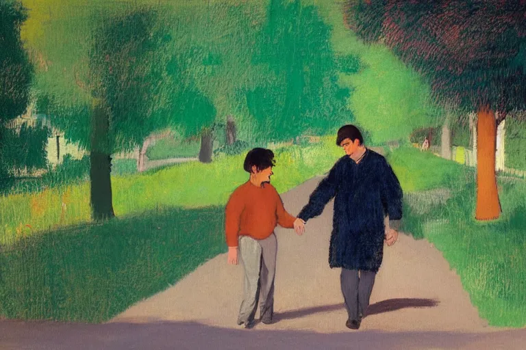 Prompt: a man with dark hair holding the hands of a young boy with dark hair as they walk down a suburban highway on a bright beautiful colorful day. part in the style of an edgar degas painting. part in the style of david hockney