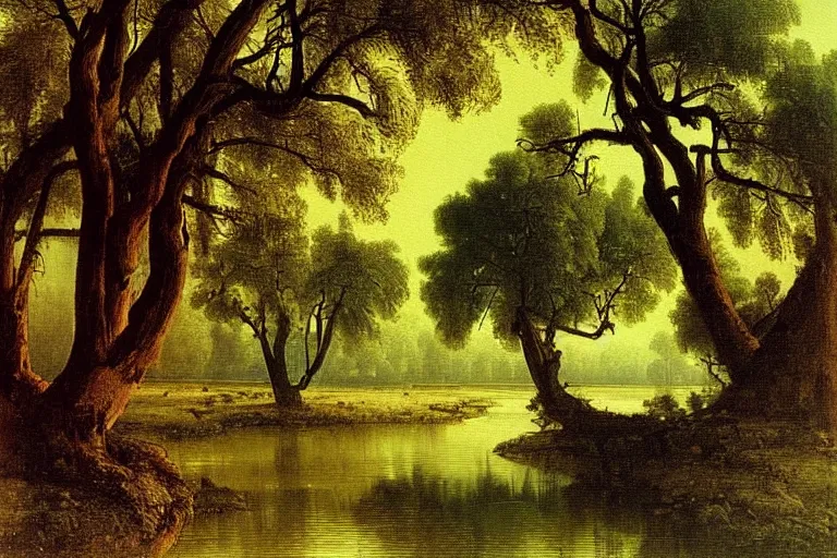 Image similar to painting of a old tree next to a meandering river by alexei savrasov