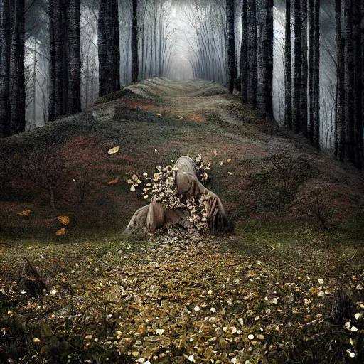 Image similar to heroinchic immaculate painting of A Beautiful fine detailed Forest Illusion by erik johansson with specular highlights with hints of gold and diamonds and pearls in various flavours, micro detailing populated by organic crystals