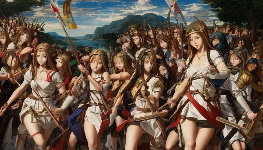 Image similar to jesus christ our lord leading an army of anime girls into battle, photorealistic, anime, mini skirt, long hair, renaissance painting, hyper real, detailed, closeup shot, ultra detailed