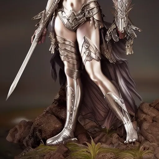 Image similar to fantasy woman with armor emerging from the sea holding a staff made with mother-of-pearl, by Artgerm, medium shot