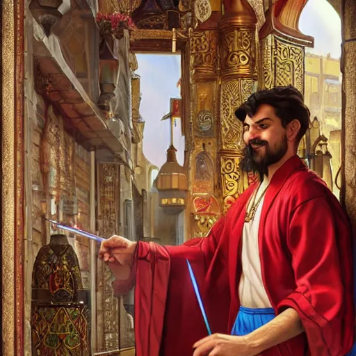 Image similar to charming tailor of middle - eastern descent, dressed in fine colorful robes and jewelry over fantasy armor, goatee, smirking, holding a magic needle, fantasy art by barret frymire by artem priakhin, art by artgerm and greg rutkowski and alphonse mucha, artstation, matte, illustration, intricate, highly - detailed high resolution