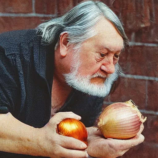 Image similar to robert wyatt sniffing an onion