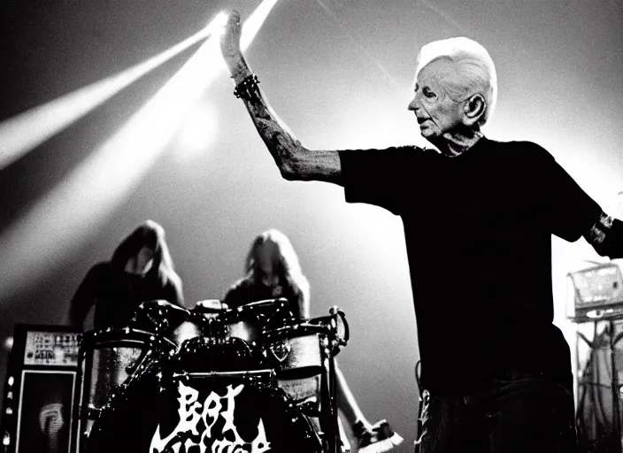 Image similar to publicity photo still of bob barker in a death metal band playing live on stage, 8 k, live concert lighting, mid shot