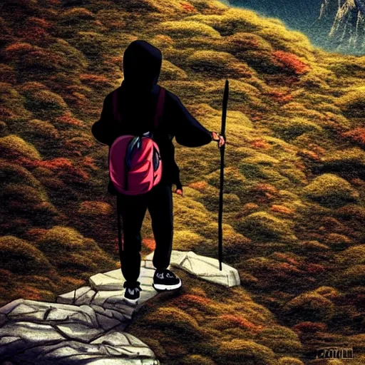 Image similar to person with hoodie walking up a mountain with a backpack that has katanas on the sides by carrie south and aokamei and sasucchi 9 5, anime, amazing composition, astonishing detail, smooth lines, beautiful scenery