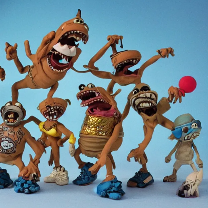 Image similar to hip hop street sharks wearing a ton of bussdown iced gold bling in wallace & gromit claymation