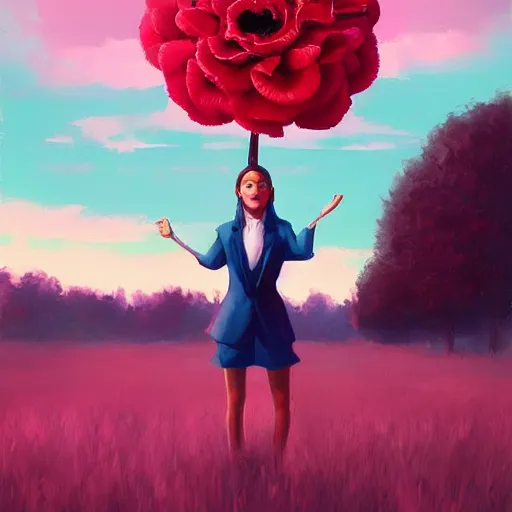 Image similar to portrait, giant rose flower head, girl dancing in a suit, surreal photography, sunrise, blue sky, dramatic light, impressionist painting, digital painting, artstation, simon stalenhag