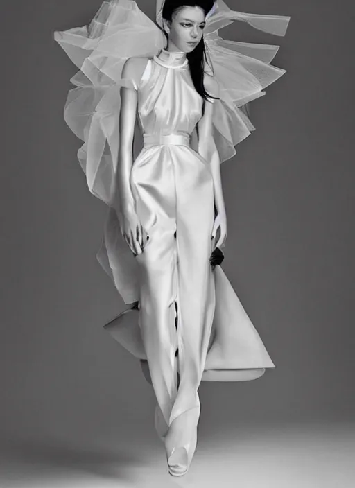 Image similar to a portrait by nick knight of a beautiful girl detailed features wearing a pilot suit wedding dress synthetic materials, jumpsuits chic'techno fashion trend by balenciaga and makoto shinkai