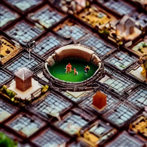 Image similar to macro photo of a miniature secret hidden world with tiny buildings and people inside of a pie floater