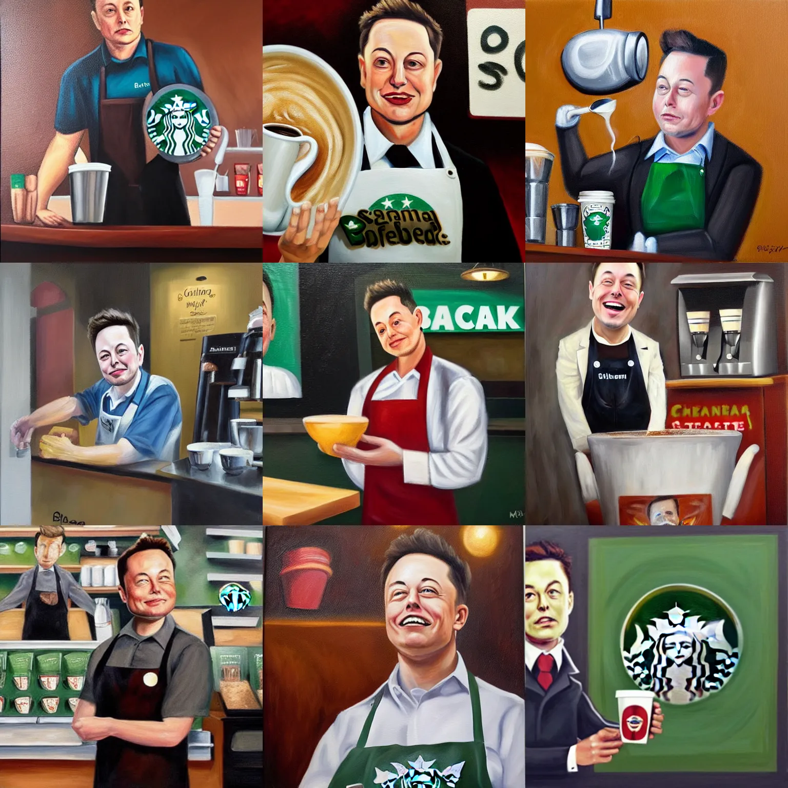 Prompt: realistic oil painting of sad crying weeping elon musk in Starbucks barista uniform apron serving coffee to customers