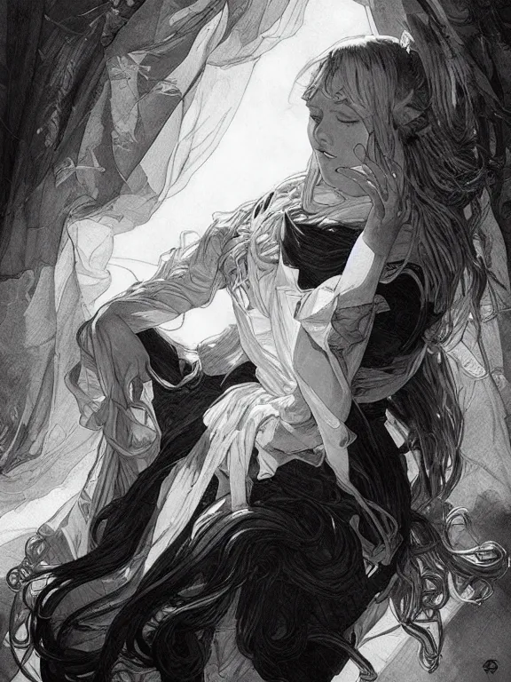 Prompt: the feeling of anxiety, chiaroscuro, black and white, manga illustration, artgerm, greg rutkowski, alphonse mucha