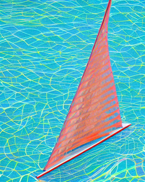 Prompt: outrigger sails on reflective light aqua glassy rippling water, leaning into high wind, 70-degree angle parallel, rhythmic arrayed synchronized design, colorful sails, abstract collage painting by David Hockney and Julian Glander, octane render