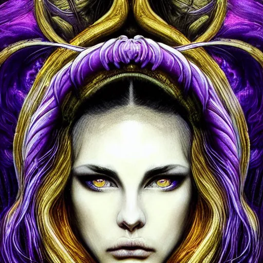 Image similar to Elden Ring themed painting of majestic chromatic purple-eyed girl with thin purple tentacles on her head beautiful ethereal angel symmetrical neutral black metal closeup face tattoo pattern golden ratio concept, Neo-Gothic concept, infinity glyph waves, intricate artwork masterpiece, very coherent artwork, cinematic, full frontal facial features by Artgerm, art by H.R. Giger, Joseph Michael Linsner, Zdizslaw Beksinski, Johnatan Wayshak, Moebius, Ayami Kojima, very anatomically coherent artwork, trending on cgsociety, ultra high quality model, production quality cinema model, high detail chromatic ink outline, octane render, unreal engine 8k, hyper realism, high detail, octane render, unreal engine, 8k, High contrast