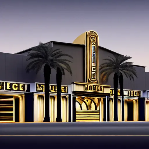 Image similar to beautiful exterior of art deco palace movie theater at night premiere, pillars, dust, dark, long shadows, atmospheric, gold and black marble lacquered, palm trees, luxury architecture, low angle, dynamic cinematic light, 3 5 mm, realistic, insanely detailed, hyper detail, hyper real, unreal engine render, 8 k