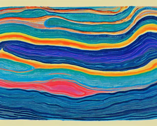 Image similar to Ocean waves in a psychedelic dream world. DMT. Curving rivers. Craggy mountains. Landscape painting by Edvard Munch. David Hockney. Takashi Murakami. Minimalist.