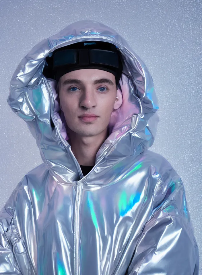 Image similar to an ultra high definition professional studio quality portrait photograph of a silver skinned android influencer wearing a iridescent pastel coloured visor and matching foam raincoat on white in a sheer icelandic black rock environment. three point light. dramatic lighting. volumetric shadows. light rays