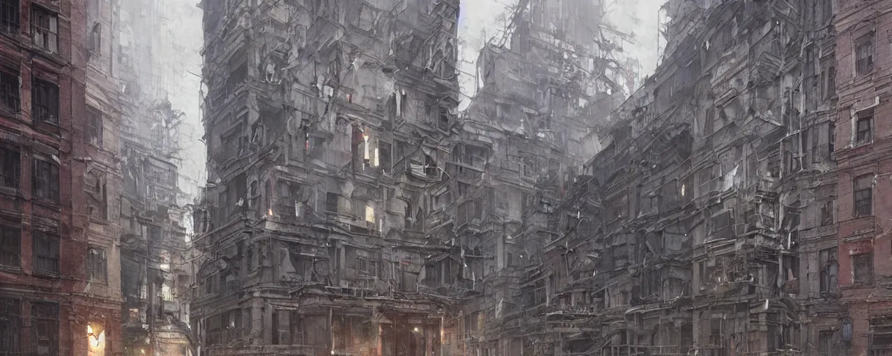 Image similar to city block facade. texture. art by greg rutkowski and william o'connor