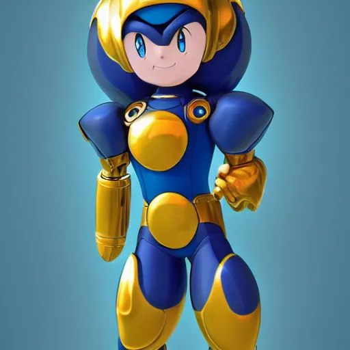 Image similar to mega man's kid sister. highly detailed 3 d render, anime, no helmet, long blue hair on her head, gold armor by john romita jr and david finch