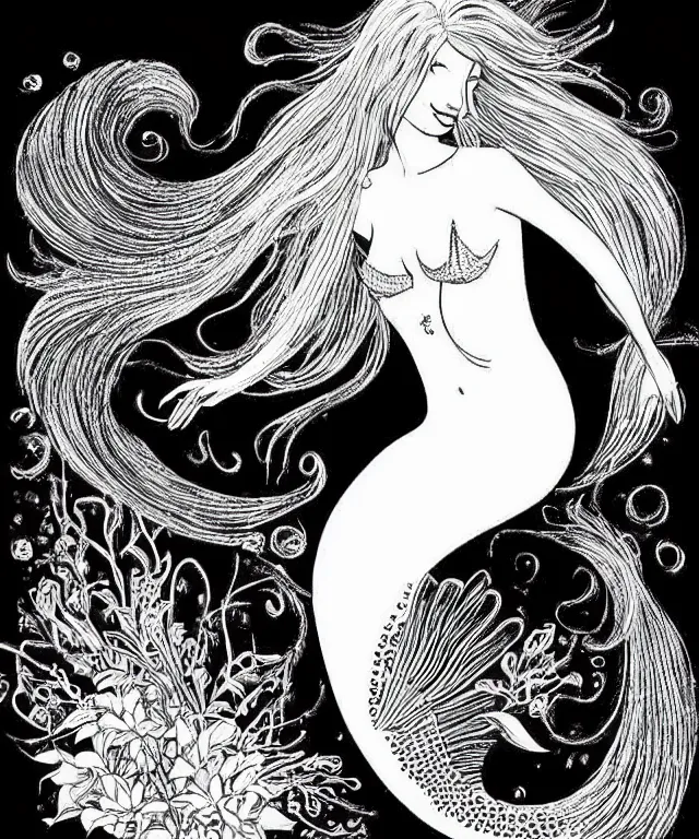 Image similar to black and white illustration, beautiful mermaid