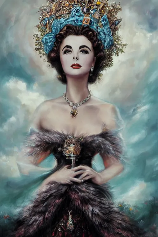 Prompt: center portrait fine art photo of the beauty princess elizabeth taylor, dramatic pose she has a crown of stunning flowers and fur stole and black dress gemstones, realistic eyes, background full of stormy clouds, by peter mohrbacher