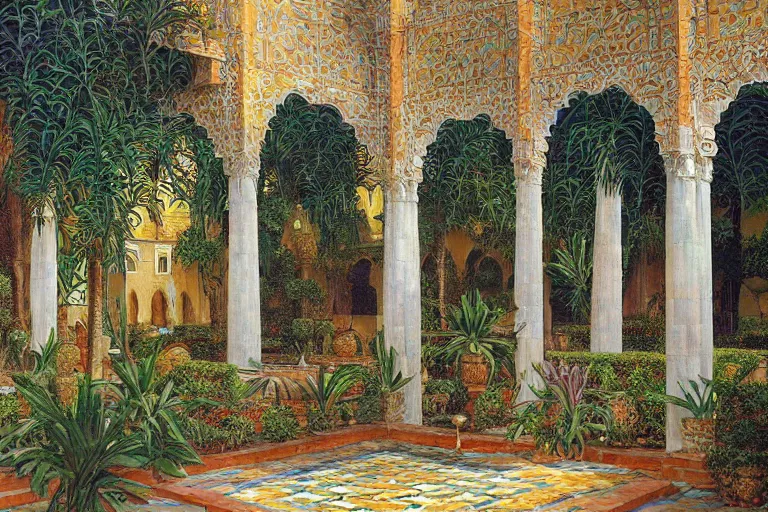 Prompt: painting of a beautiful moorish palace courtyard garden, by donato giancola and maxfield parrish and evelyn de morgan, patterned tilework, palm trees, tiled fountains, extremely detailed, cinematic lighting, smooth sharp focus