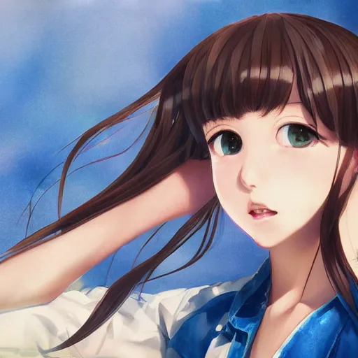 Image similar to a high detail portrait of high school girl by makoto sinkai, kawaii, in simple background, CLIP STADIO, mad painting