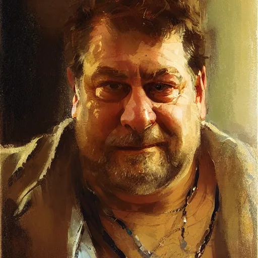 Prompt: portrait of a cyberpunk john goodman with earring and gold necklace, by jeremy mann, anders zorn.