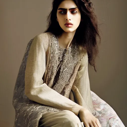 Prompt: a muted colors natural portrait photograph of a Pakistani model, editorial story, Vogue Italy, editorial photography